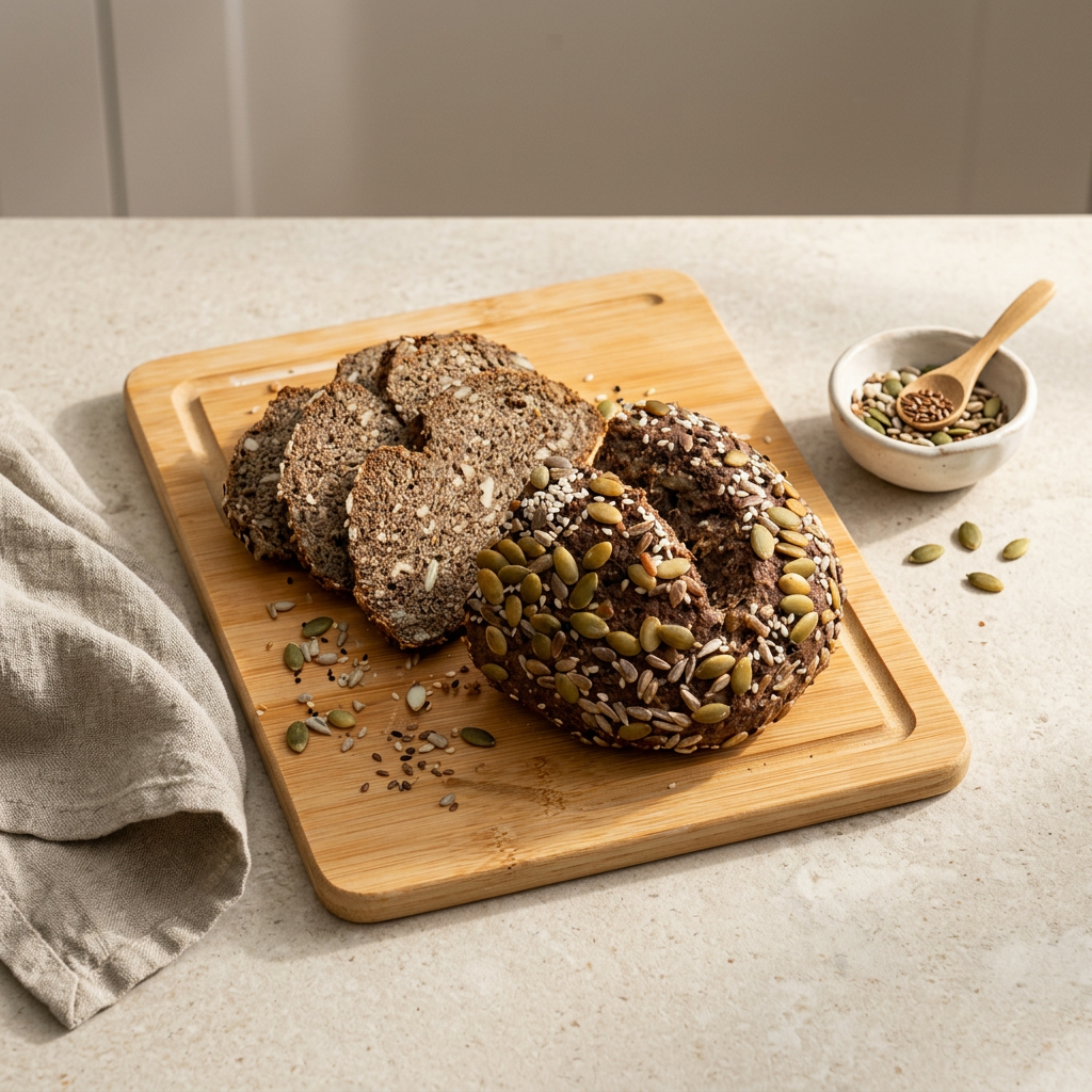 Sliced GymFood seeded high-protein loaf on a wooden board