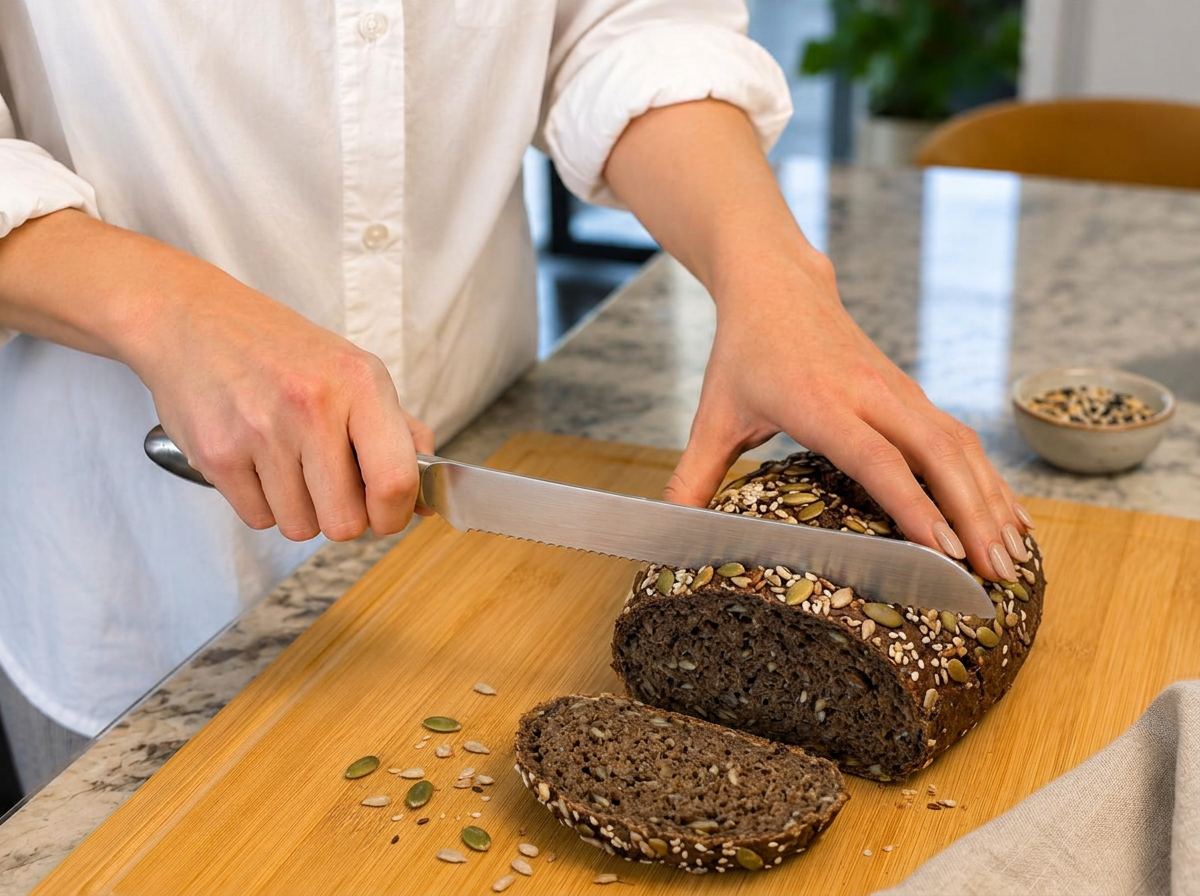 Person slicing a dark seeded GymFood high-protein loaf with a bread knife on a bamboo board