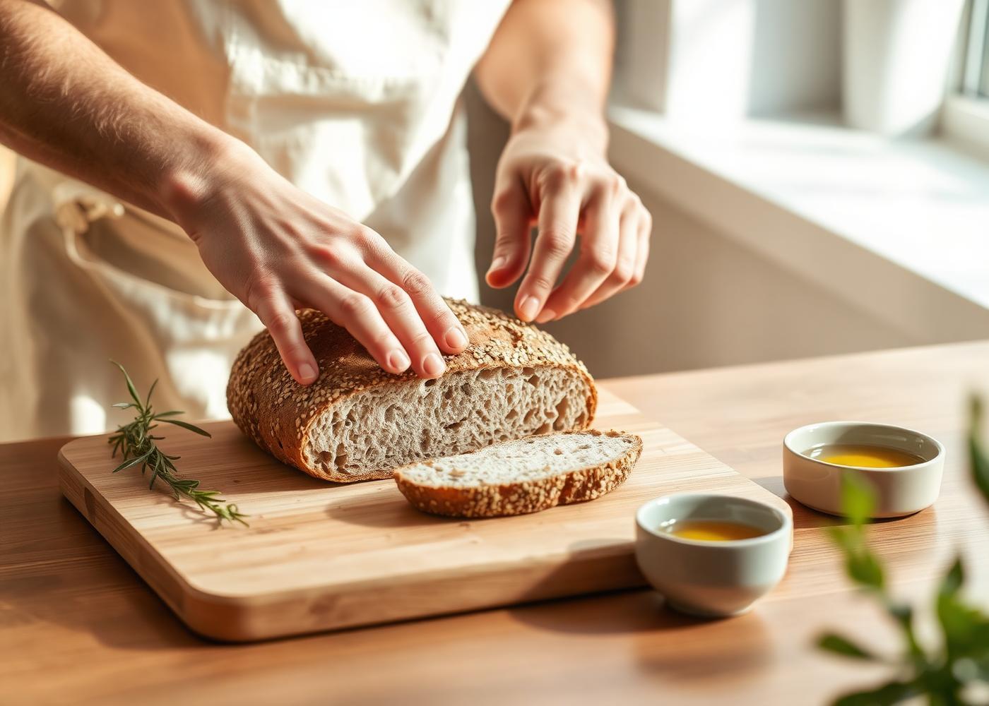 Chef slicing seeded protein sourdough